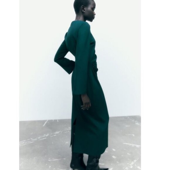 Zara Green Long Sleeve Dress Side Ruched Midi Dresz, NWT, M - Picture 3 of 15